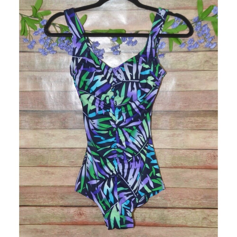 Vintage 80's MAXINE of Hollywood Size 8 One Piece Swimsuit Flattering Ruched